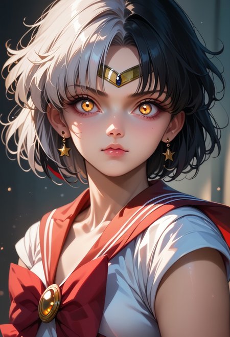score_9, score_8_up, score_7_up,
ShioriNovella, split-color hair, white hair, black hair, yellow eyes,
sailor senshi uniform, red skirt