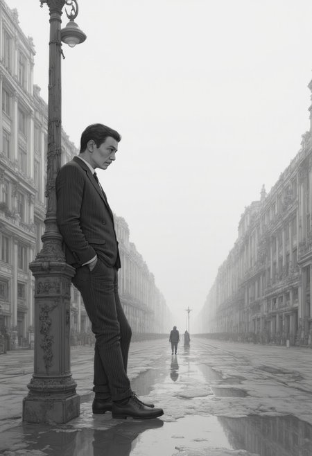 A black-and-white shot of a man in a striped suit leaning against a lamppost on a foggy Paris street. His reflection distorts in a puddle below, while a distant figure carrying an umbrella hurries away into the misty background.