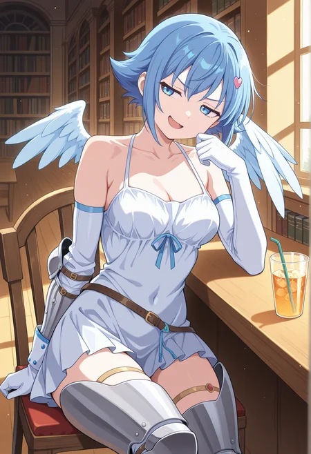 1girl, solo, short hair, blue hair, blue eyes, hairpin, asymmetrical wings, angel wings, white dress, elbow gloves, armor, greaves, sitting, indoors, library, looking to the side, annoyed, smle, smug, open mouth, half-closed eyes, holding frink, drinking straw, head tilt,  <lora:nanael_illus:1>, masterpiece, best quality, amazing quality, very aesthetic, absurdres, highres, newest