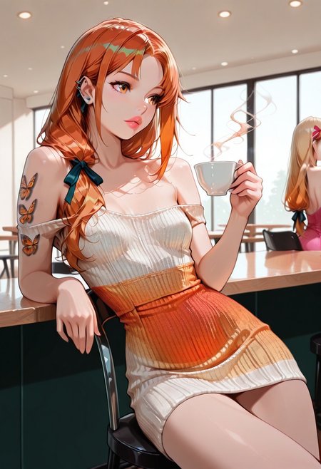 masterpiece, best quality, 32k, high resolution, absurdres, HD32k, masterpiece,  Eva, EvaRH,  (((orange hair))) , gradient blonde hair, low tied hair, asymmetric hair, long hair, hair ribbon, parted bangs, amber eyes, slim, fit, small breasts,butterfly tattoo on arm, beautiful lips, pierced ears, knit bodycon dress, off shoulder, bare shoulders dress, posing sexy, flirty, cowboy shot, café, sitting on chair, cafe table, holding a cup of tea, detailed,
