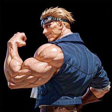 RESET, score_9,score_8_up,score_7_up, Highest Quality, 4k, masterpiece, Amazing Details, best quality, detailed image, good illumination, source_furry, rating_explicit, proportionate body, BREAK, solo, daddy, high testosterone, bara, (hyper muscles:1.3), handsome, sexy, confident, badass, (sexy grin:1.0), (hyper pectorals:1.3), (hyper biceps:1.3), (looking at viewer:3.0), (black background:3.5), close up, (upper body focus:3.5), (six pack abs:1.3), (veiny muscle:1.3), (sweaty:1.3), 
(detailed eyes:2.0), (detailed face:2.0), (perfect face:2.0), (perfect eyes:2.0), 
(side view:4.0), 
(standing:3.1), 
(hand on hips:2.0), (flexing one hand:2.0), 
CidHighwindFF, short hair, blonde hair, blue eyes, stubble, mature male, muscular, bandaid, aviator goggles, 
blue denim jacket, white scarf, grey shirt, brown leather gloves, belt, brown pants, brown cross-laced boots,
