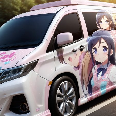 aragaki ayase,smile,vehicle focus, from side(lapping car,print car,painted car style),masterpiece,best quality, very aesthetic, absurdres,  ultra detailed  <lora:Ayase_Aragaki_-_Oreimo:0.7> <lora:lappingcar:1>