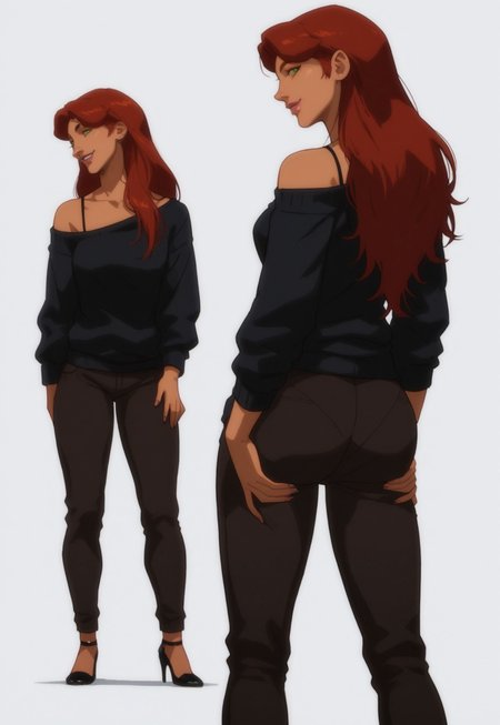 safe_pos, score_9, score_8_up, score_7_up, score_6_up,1girl, gotonai starfire casual, orange skin, (green eyes), medium breasts, (red hair), (long hair), bangs, sweater, pants, (off shoulder), off-shoulder sweater, (bra strap),,cowboy shot, looking at viewer, simple background, white background,standing,smile,high heels ,big ass, round ass, from behind,looking back, grabbing own ass, ass support,thicc, curvy,looking at viewer
