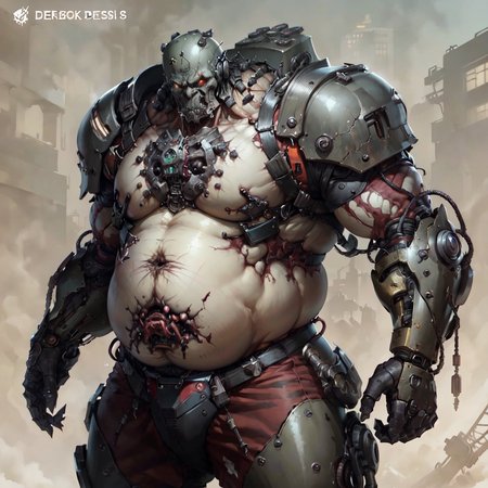 detailed background , <lora:cyberdead:.75> fat  cyberdead, with robotic head , grotesque ,