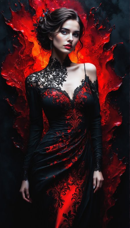 gothic style (Alcohol ink art) Silhouette Art, , a beautiful charming young lady,  dark dim figure, slightly posing, a tight sleek strict dress. bright red backlight illuminates elegant lady's silhouette,  (bright glowing red contour and outline), elegant amazing and sensual look. (very dark foreground, black solid background) detailed, high quality, high resolution, contrast, dark color palette with bright red accents.
<lora:InkArtXL_1.2:0.4>  , high contrast, well defined, Silhouette Art. Fluid and vibrant colors, unpredictable patterns, organic textures, translucent layers, abstract compositions, ethereal and dreamy effects, free-flowing movement, expressive brushstrokes, contemporary aesthetic, wet textured paper. . dark, mysterious, haunting, dramatic, ornate, detailed