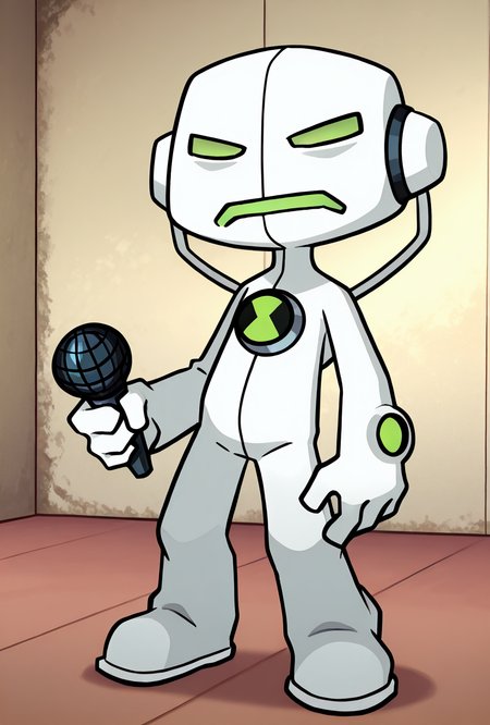 <lora:echoecho-10:1> echoecho, male focus, , no humans, white bodysuit, green eyes, green mouth,    closed mouth, frown mouth, detailed background,    <lora:17bucks_Style_Illustrious:1> 17bucks, gradient color, 2d, standing, holding microphone, full body ,, masterpiece, best quality, amazing quality, very aesthetic, absurdres, newest,