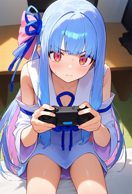 <lora:aoi_pony_v1:1>, score 9, score 8 up, score 7 up, source anime, kotonoha aoi, indoors,  playing games, leaning forward, frustrated, sitting, sweat,