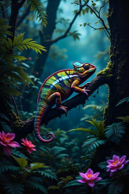 In a mist-covered rainforest, an enormous, iridescent chameleon clings to the trunk of a towering tree, its vibrant, shifting colors blending seamlessly with the lush greenery around it. The chameleonâs wide, yellow eyes move independently of each other, scanning the dense foliage for any sign of movement, while its long, prehensile tail curls tightly around the tree branch for balance. The rainforest is alive with the sounds of dripping water, rustling leaves, and distant bird calls, all echoing through the thick, humid air. Massive ferns and glowing, bioluminescent flowers fill the underbrush, their neon hues adding an otherworldly glow to the already vibrant landscape. Above, the canopy is a thick tangle of branches and vines, allowing only faint rays of sunlight to filter through and create dappled patterns on the forest floor below. A soft mist rises from the ground, clinging to the plants and casting a hazy, dreamlike quality over the entire scene. The chameleonâs long, sticky tongue darts out, snatching a passing insect from the air with lightning speed, before it slowly begins to shift its colors once more. The scene feels alive with the pulse of the jungle, a hidden world teeming with vibrant, reptilian life. , detailed background  Fantastic lighting. Detailed shadows.intricate details, vivid colors, hyper-detailed, ultra-sharp, , , <lora:OBInstant camera portrait photography V2.0:0.4>, <lora:Dark side of light:0.55>, <lora:aidmaFLUXPro1.1-FLUX-v0.3:0.4>, <lora:Glitchcore_Flux:0.7>