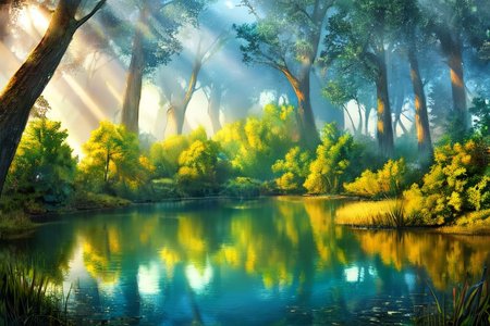 (masterpiece:1.2), (best quality,:1.2), 8k, HDR, ultra detailed, ((photorealistic)), professional light, cinematic lighting, fashion photography, ambient lighting, face lighting,  <lora:detail_slider_v4:4.>, a small lake in a forest, sunlight, godrays, reeds, FanFo, <lora:FantasyForest-10:0.9>, epiCPhoto