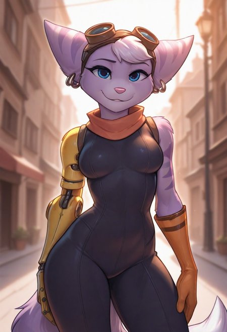masterpiece,best quality,amazing quality,very aesthetic,absurdres,newest,cinematic lighting,backlit,backlighting,depth of field,soft colors,sc4rl. 
standing confidently, smug smile, looking at viewer
1girl solo, rivet_ratchet_and_clank, anthro, female, grey and purple fur, tail, animal ears, furry, breasts, medium breasts, blue eyes, black bodysuit, scarf, goggles, prostetic arm, orange glove, earrings, (masterpiece, best quality, official art), (1 girl), city, streetlights, golden hour lighting, front view