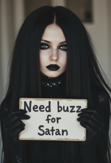FictionalCrystal, a goth girl with heavy black eye makeup and black lipstick.holding a sign saying "Need buzz for Satan"