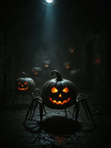 (wide angle photography:1.2), (whole body:1.5), shot, (full body photo:1.1), realistic analog photo,dark, darkness,
steampunk, multiple small metal pumpkins with glowing eyes, mounted on (metal arachnoid legs:1.2), steam punk style, crawling around in a dark cave
epic realistic, faded, ((neutral colors)), art, (hdr:1.5), (muted colors:1.2), hyperdetailed, (artstation:1.5), cinematic, warm lights, dramatic light, (intricate details:1.1), complex background, (rutkowski:0.8), by Blizzard entertainment
, (mysterious atmosphere:1.1), (low luminosity:1.2), in the dark, obscurity, (mist:1.3),
, realistic, depth of field, highres, 4k, 8k, intricate detail, amazing quality, wallpaper, <lora:RMSDXL_Enhance:1>,  <lora:dark:0.4> <lora:RMSDXL_Darkness_Cinema:1> <lora:Into_Darkness:0.8><lora:sdxl_cyberpunk:0.5> <lora:steampunk_xl_v2:1.2>, realistic skin texture, detailed skin pores, skin hair, skin looks real, hi rez skin details