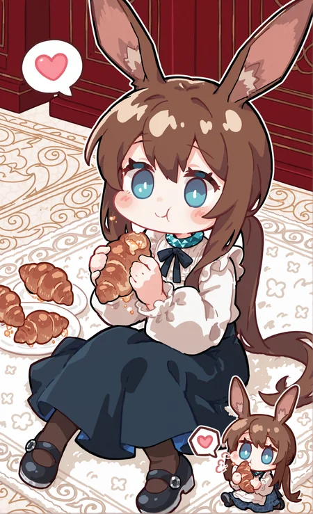 masterpiece, sharp detail, intricate detail, <lora:sowasowart_style:1> s0wasow4rt_illu, halftone, solo, amiya \(arknights\), alternate costume,  long skirt, mary janes, pantyhose, long sleeves, puffy sleeves,  (chibi:1.2), sitting, holding croissant , munching croissant,  indoors, sitting on floor, white carpet, spoken heart, enjoying, blush, <lora:nineface-chibi-noob1-5:1>