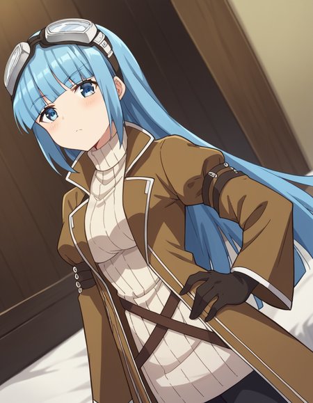 score_9, score_8_up, score_7_up, source_anime, <lora:bofuri-iz-s2-ponyxl-lora-nochekaiser:1>, iz, long hair, bangs, blue eyes, blue hair, blunt bangs,, gloves, long sleeves, dress, pantyhose, black gloves, sweater, coat, turtleneck, goggles, ribbed sweater, goggles on head, open coat, turtleneck sweater,, indoors, bed, bed room, on side, blush, drunk,, , looking at viewer, arm outstretched, hand on hip, knee up, solo,, cowboy shot, dutch angle