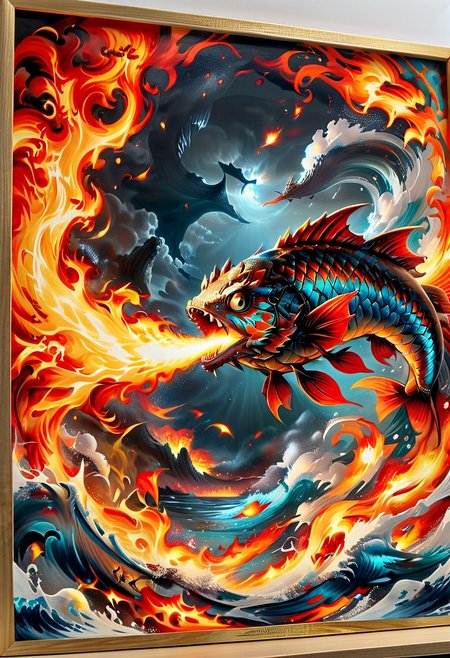 action photo, uhd (3d framed), intricate details, extremely detailed, masterpiece, masterpiece, mighty koifish (breathes fire:1.6), protects the pound,8k,F2.8, <lora:FireBreath:0.8>,<lora:The_Dark_Side_of_the_Earth:0.6>,