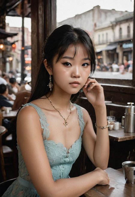 eye catching, majestic Leah Li, Petite, asian, darkskin,, 18 year old Chinese woman, flat chested,  ((no boobs)), straight hair,  earrings, eye liner, long bangs,  4k, very detailed, eyeliner, ((black hair)), ((blunt bangs)), ((slender face)), ((thin lips)),  a cinematic photograph of a woman in a random color translucent lace sundress, sitting at a table in a cafe on the street. New Orleans
intricate jewelry, necklace, earrings, rings, bracelet, top unbuttoned, wind lifting a short skirt, stockings, long wavy hair, street lamp, potted flowers, tables of the summer cafe, a rag tent on the cafe,, giving the viewer a seductive look, OverallDetail, eye catching, drab, OverallDetail, LeaLi, coffeeyadream,  holding coffee, full body view