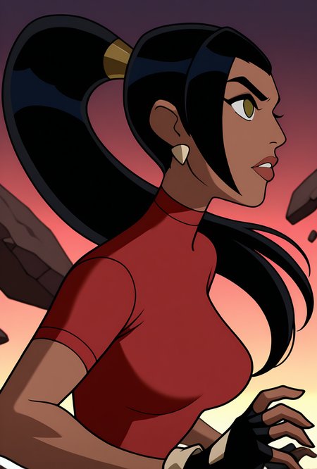 <lora:ovkai-10:1> ovkai, 1girl, long hair, black hair, dark skin, ponytail, earrings, lips, red shirt, short sleeves, turtleneck, fingerless gloves, cartoon, dynamic pose, action pose,