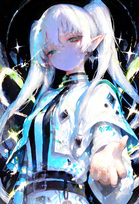 (masterpiece, best quality), amazing quality, very aesthetic, absurdres, highres, newest, HDR, 8K, high detail RAW color art, intricate details, high contrast, detailed background, large pupil, eyelashes, shiny skin, dak depth, low kye,
1girl, frieren,\(sousou no frieren\), green eyes, (eye trail:1.2), light ray, white hair, long hair, twintails, pointy ears, earrings, white capelet, striped shirt, long sleeves, belt, Dirty or torn clothing, Injury, one eye bleeding, reaching towards viewer, intense energy wave motion, A black hole, a blade of light, super-compressed in the palm of your hand, Ultra highly compressed black hole, blade of light, upper body, floating body, float, hollow, three-quarter view, dutch angle, foreshortening, looking at viewer, (prism), (schein flare), underlighting, dynamic pose, serious expression, closed mouth, energy wave, to many sparkle effect, (sparkle), (bluish-white flash), (battle effec), debris dancing violently, bloom effect, depth field, dappled light, broken effect, <lora:748cmSDXL:0.6>, <lora:薄塗り:0.45>, <lora:ponyv5_noobV065S_1:1>, <lora:spo_sdxl_10ep_4k:0.6>, <lora:GBF_Illustrious:0.4>, <lora:MeMaXL4:0.8>