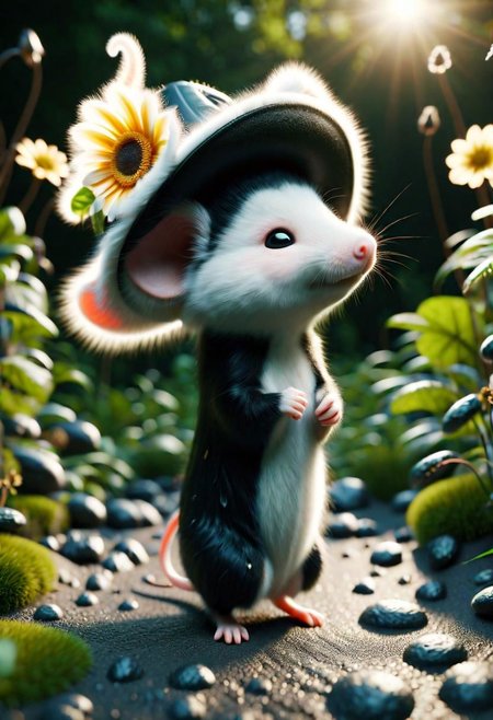 ral-fluff,<lora:ral-fluff:1>,
chibi,masterpiece,best quality,original,official art,black metallic fantasy mice,hat,flower,blurred background,rendering,beautiful detailed glow,(detailed ice),beautiful detailed water,sunny, blurred flower, happy
