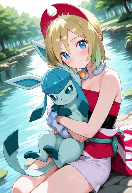 masterpiece, best quality, newest, absurdres, highres, anime,
irida \(pokemon\), glaceon,
1girl, solo, blush, smile,
animal hug,
outdoors, pond,
dutch angle,