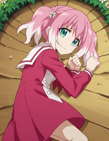 score_9, score_8_up, score_7_up, source_anime, <lora:nana-hiiragi-s1-ponyxl-lora-nochekaiser:1>, nana hiiragi, aqua eyes, twintails, pink hair, flower, white hair, multicolored hair, hair flower, two-tone hair, anime screencap, dress, school uniform, sailor dress, red neckerchief, white sailor collar,, gardening, watering plants, backyard, flowers blooming, sunny day, smile, <lora:yamcha-pose-ponyxl-lora-nochekaiser:1> yamcha pose, yamcha pose (meme), crater, meme, on side, defeat, lying, on ground, on floor,, looking at viewer, solo,, dutch angle, cowboy shot