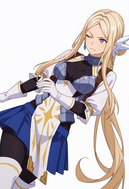 Smooth Quality,masterpiece,very intricate, high quality details, ultra realistic, high detailed skin,detailed enviorement,absurdres,
simple background, white background, dancing, solo,dynamic angle,
 <lora:Krishna_CNR:0.8> krishna_cnr, 1girl,blonde hair,very long hair,single hair bun, sidelocks, parted bangs, blue eyes, breasts,white hair ornament, earrings,armor, breastplate, armored dress, blue skirt, pleated skirt,white gloves, black pantyhose,white thigh boots,, scowl,, ;3,