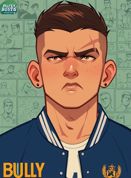 score_9, score_8_up, score_7_up, bullypxl, comic wallpaper, <lora:bullypxl:0.7>, best quality, 2d, 1boy, buzzcut, frown, blue letterman jacket, school logo, scar on eyebrow