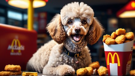 photorealistic poodle dog that is eating chicken nuggets at mcdonalds. hyperdetailed photorealism, 108 megapixels, amazing depth, glowing rich colors, powerful imagery, 3d finalrender, 3d shading, cinematic lighting, artstation concept art