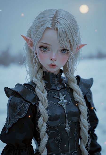 SWMS,Full body potrait, hyperrealistic detail, Rendered in a fusion of photorealism and digital surrealism, Beautiful surreal high fantasy portrait, A Female warrior with dark, ashen skin and long, long silver-white hair, intricate braids, black Armor and clothes, facing the viewer stands amidst snowflakes, ethereal and otherworldly presence, with sharp, elf-like ears and adorned in elaborate, dark armor with detailed engravings and metallic patterns. Her expression is somber and introspective as she sits quietly, her eyes are silver, in a cold and desolate landscape under a dim, moonlit sky. Her armor is very detailed with decorations, giving her an air of nobility, Real sharp photo, snowing, snowflakes in the air, blurred background, rose gold minerals, shiny aura, highly detailed, Kirnan Shipka, Januz Miralles, Hikari Shimoda, glowing stardust by W. Zelme. The overall effect is breathtaking and truly captivating, shimmering skin that glows like the night sky, long, hair adorned with tiny, glowing stars, deep, cosmic eyes, ethereal hues, mysterious and enchanting expression, dreamlike and mystical atmosphere, RAW candid cinema, 16mm, color graded portra 400 film, remarkable color, ultra realistic, textured skin, remarkable detailed pupils, realistic dull skin noise, visible skin detail, skin fuzz, dry skin, shot with cinematic camera, detailed skin texture, (blush:0.2), (goosebumps:0.3), subsurface scattering, detailed drawing   <lora:FLUX - SWMSF - Styles for FLUX ( detailed drawing, swms ):1> <lora:FLUX - Surreal_Photo (Glitter):0.6>