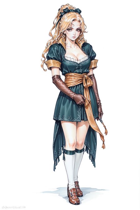 score_9, score_8_up, score_7_up,source_anime,
full_body, 1girl,standing, white background, 
<lora:Ayami Kojima_XL:0.6> traditional media,
<lora:Maira_Renard_PonyXL:0.6> maria_renard. 1girl, blonde hair, elbow gloves, long hair, cleavage, hair ribbon, ponytail, socks, traditional media,