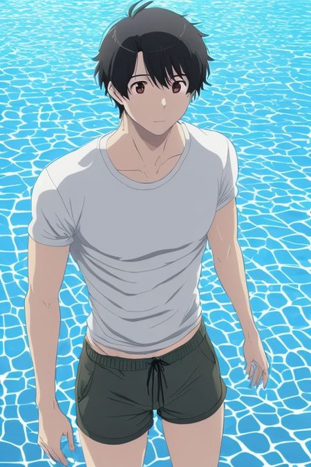 high resolution, solo, best quality, 1Boy, Inaho Kaizuka, Black Hair, swimming, natural lake, clear water, shirtless, shorts, sixpack, twilight, OverallDetail