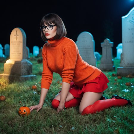 cinematic photo a woman with glasses, big breast, orange tutleneck sweater, red mini skirt,  is kneeling down on the floor, cemetery, night <lora:Velma1024-000360:0.8> . 35mm photograph, film, bokeh, professional, 4k, highly detailed