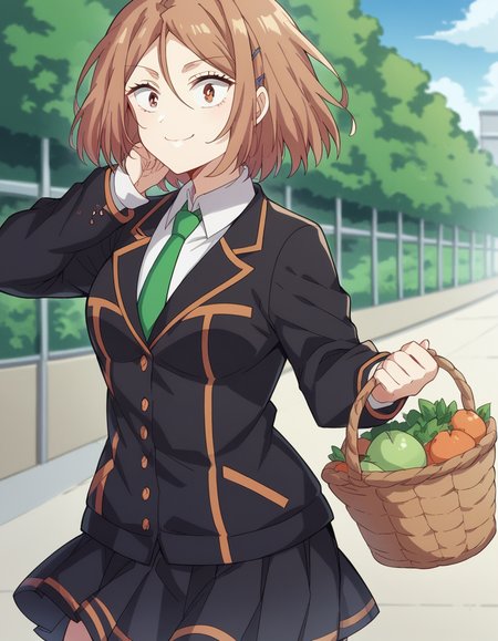 score_9, score_8_up, score_7_up, source_anime, <lora:yayoi-toba-s1-ponyxl-lora-nochekaiser_r1:1>, yayoi toba, short hair, brown hair, hair ornament, brown eyes, hairclip, medium breasts,, skirt, shirt, long sleeves, school uniform, jacket, white shirt, pleated skirt, necktie, black jacket, cardigan, green necktie, farmers market, fresh produce, local vendors, baskets, sunny day, community, smile, , smile, solo,, cowboy shot, dutch angle,