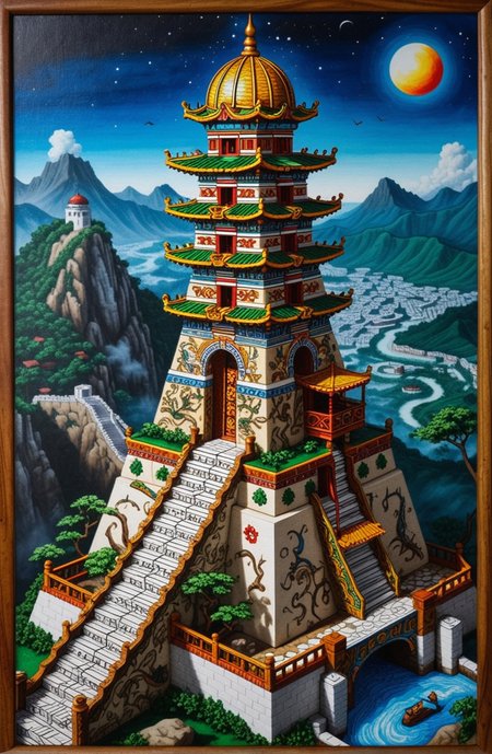 (epic:1.2), trending on artstation, (high quality:1.2), (masterpiece:1.2), high details, incredibly absurdres, colorful), (Huichol Art:1.33), (Magical Realism:1.33), (tile:1.27), (wood Burning:1.29), (high_angle:1.31) ,, (location:(observatory:1.14)),(color scheme:(vignetting:1.27)), (object:Board Game Pieces, (mahjong:1.13) ( split depth:1.25) (Quantum mechanics:1.13))