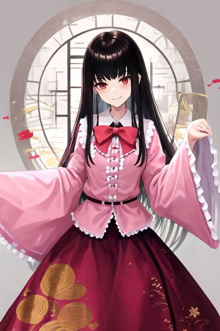 Kaguya, 1girl, solo, long hair, looking at viewer, blush, smile, bangs, skirt, shirt, black hair, red eyes, long sleeves, bow, very long hair, closed mouth, frills, japanese clothes, wide sleeves, blunt bangs, bowtie, sleeves past wrists, red skirt, floral print, frilled skirt, white bow, frilled sleeves, sleeves past fingers, pink shirt, frilled shirt collar, hime cut, breasts