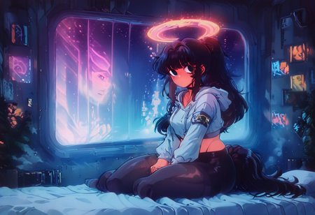 score_9,score_8_up,score_7_up,score_6_up, 1girl, 
 sitting in bed next to a large window, hands between thighs, wearing croptop hoodie, black croptop hoodie, long hair, black hair, blue strip in hair low ponytail hairstyle, angel, angelic girl, white wings, halo, glowing halo, black eyes, <lora:DetailedEyes_V3:1> <lora:add_detail:1>, pov from the side, sitting on the bed, hoodie, plants on the windowsill, looking out the window, looking away from viewer, background through window is vast space, galaxy background, wearing tights, leggings, black tights, thighs, night time, cyberpunk city view out of the window, neon light, purple neon lights, raining outside, heaving rain outside, girl is dry, no rain inside