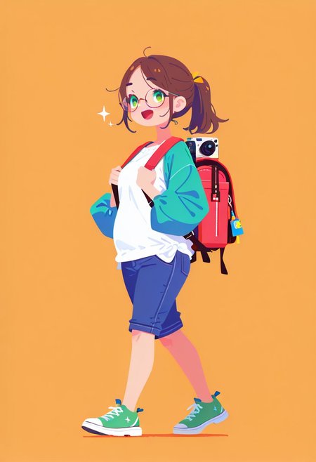 Masterpiece, high quality, ultra-detail, 8K resolution, sharp focus, 2d, (flat color, no lineart, Flatline, Flat vector illustration),
1cute girl, chubby girl, happy,  glasses, green eyes, dark brown hair, no bangs, ponytail,  with a backpack, turist, walking, camera, Japanese Suburbs