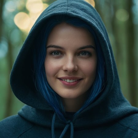 cinematic film still of  <lora:Sharp detailed high quality image style v1:1>
Sharp detailed high quality image of a woman with a hood on smiling and wearing a hood, detailed background, 12K, high megapixel, realistic, realism, different, raw image, sharp style, 1girl, solo, looking at viewer, smile, 1boy, blue hair, yellow eyes, male focus, teeth, hood, grin, lips, portrait, close-up, hood up, ranni the witch
, shallow depth of field, vignette, highly detailed, high budget, bokeh, cinemascope, moody, epic, gorgeous, film grain, grainy