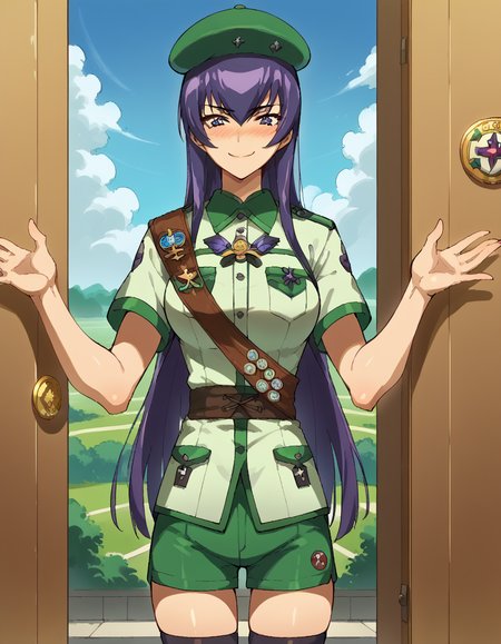 score_9, score_8_up, score_7_up, source_anime, <lora:saeko-busujima-ponyxl-lora-nochekaiser:1>, saeko busujima, long hair, purple hair, purple eyes, hair between eyes, large breasts,, <lora:girl-scout-uniform-ponyxl-lora-nochekaiser:1> girl scout uniform, badge, beret, breast pocket, girl scout, green hat, hat, short sleeves, shirt, green shirt, shoulder sash, medal, button badge, uniform, shorts, green shorts, short shorts, kneehighs,, smile, blush, looking at viewer, blue sky, clouds, entrance, doorway, <lora:incoming-gift-ponyxl-lora-nochekaiser:1>, incoming gift, outstretched arms, holding, holding box, box, cardboard box,, cowboy shot,