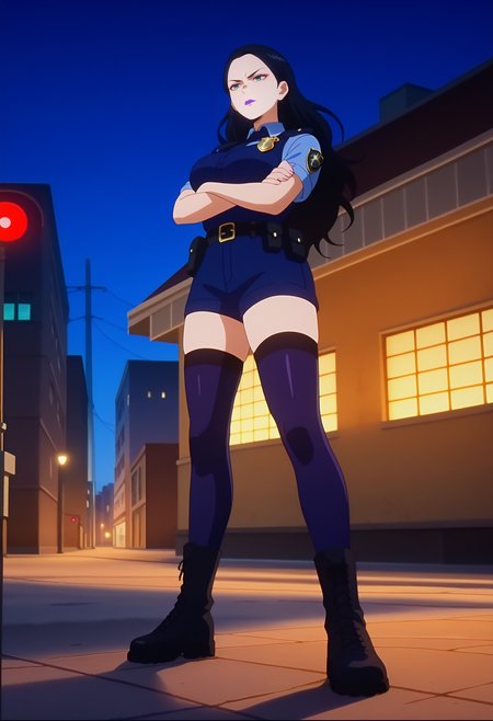 score_9, score_8_up, score_7_up, anime screencap, source_anime, 1girl, solo,
<lora:Deborah_Gorini_MHA_V1:.85>, KJOdeborah, black hair, green eyes, makeup, purple lips, long hair, forehead, 
police uniform, bulletproof vest, police badge, combat boots, shorts, thighhighs,
serious, crossed arms, stepped on, from below,
night, street, city,
(Beautiful, large Breasts:1.2), mature female,