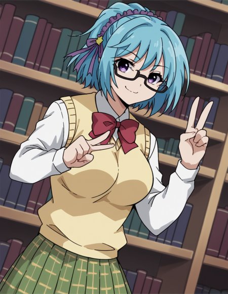 score_9, score_8_up, score_7_up, source_anime, <lora:kurumu-kurono-s2-ponyxl-lora-nochekaiser:1>, kurumu kurono, short hair, blue hair, purple eyes, ponytail, ribbon, hair ribbon, hair ornament, large breasts,, shirt, white shirt, long sleeves, bow, red bow, sweater vest, yellow sweater vest, skirt, plaid skirt, green skirt, socks,, library, reading books, glasses, quiet, focused, shelves of books, , v, v over mouth, smug,, looking at viewer, solo,, dutch angle, cowboy shot
