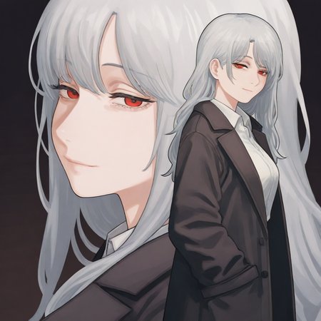 1girl,solo,silver long hair,red eyes,black long jacket,very long jacket,white collared shirt,open shirt,mature female,hand in pockets,from side,looking at viewer,cowboy shot,half closed eyes,light smile,black background,close up,
masterpiece,
masterpiece,best quality,amazing quality,very aesthetic,highres,absurdres,CSMCoverStyle,<lora:CSMcover-style_noob11_v3-000180:1>,