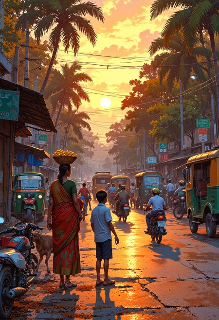 A bustling Kerala junction at sunset, with rickshaws, motorbikes, and colorful buses weaving through traffic. The street is lined with tall coconut trees, and the golden light from the setting sun reflects off the wet pavement. A man in a white mundu and a blue shirt stands near a small tea stall, sipping from a glass cup. A woman in a red and gold sari balances a basket of bananas on her head as she crosses the street. Children in school uniforms sit on the edge of the road, laughing and sharing snacks. Nearby, a cow walks slowly through the traffic, and a street vendor grills spiced corn on an open flame. The scene is alive with motion and color.
