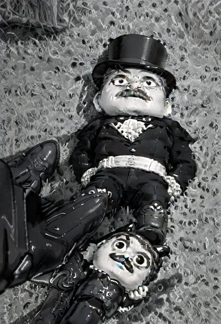 (((black and white, monochrome, greyscale, top down view))),((GRASS,OUTDOORS,BOOTS,BLACK FOOTWEAR,PANTS,LOOKING UP,LOOKING FROM BELOW, small man with mustache, top hat, kenbis, chibi, chibi, male only, male, male chibi, monocle, art deco, thick mustache, comically large mustache, handlebar mustache, tiny, shrunk, microxl, some little guys)), bwMovies, realistic, photo, vintage photo, ((very small man, small man, a small man, a man who is small, a small man)) suit, cane, an unapologetically small human male, black and white, smiling, very happy, euphoric, ecstatic, wonderful small men, large smile, huge smile, muscular, muscles, indoors, cinema, movie theater, detailed background