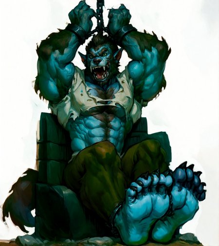 score_9, score_8_up, score_7_up, score_8, intricate details, detailed face, male focus, muscular male, biceps, pecs, abs, thick arms, beefy, veiny muscles:1, hyper muscles, solo, five toes on each foot:1, plantigrade, looking at viewer, sitted, foot focus, arms up, foot soles, restrained, chained hands, prison, depth of field, highres, concept art, 1boy, male, angry, open mouth
<lora:xlbodybuilder:0.4>, <lora:popular:0.5>, <lora:xl_more_art-full_v1:0.4>, fangs, digital_media_(artwork), <lora:Expressive_H:0.5>, <lora:add-detail-xl:0.4>, <lora:more_details:0.4>, <lora:detail_slider_v4:0.7>, looking at viewer, <lora:macro_bear_sdxl_v1.2:0.4>, thick feet, <lora:FaceDeetsPonyXL2:0.4>, green eyes, depth of field, highres, concept art, torn shirt, half shirt:1, <lora:ZoroJ:0.4> zoroj,  <lora:Scott_Howl_Pony:1> beard, facial hair, werewolf, tail, barefoot, male, <lora:rokuprod:0.5>, blue skin,  <lora:badcoyote:0.6>,  <lora:Eldritch Oil Style LoRA_Pony XL v6:1> oil painting, traditional media, <lora:PonyQuality_V3.3:0.4>,  <lora:skinny_new_skin:0.3>