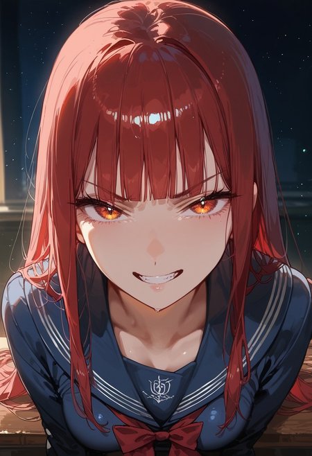 score_9, score_8_up, score_7_up, score_6_up, score_5_up, score_4_up, source_anime,
masterpiece, detailed, detailed body, 
, (((from the waist up)))
volumetric lighting, vibrant colors, light particles, godrays, warm light, 1dk, Expressiveh 
   shiny, shiny skin, skindentation, 
 1girl, solo, <lora:zs_SahoriXL_1:1> sahorismtv, long hair, blunt bangs, red hair, blue serafuku, long sleeves, blue skirt, white pantyhose, night, school classroom, evil grin, looking at viewer, from above, sitting on desk  
 Expressive eye,
Expressionless,