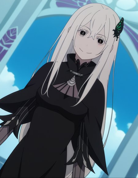 score_9, score_8_up, score_7_up, source_anime, <lora:rezero-echidna-s2-ponyxl-lora-nochekaiser:1>, echidna, colored eyelashes, white hair, hair between eyes, long hair, straight hair, black eyes, medium breasts,, black capelet, black dress, butterfly hair ornament, capelet, dress, hair ornament,, indoors, smile, looking at viewer, solo,, cowboy shot, dutch angle