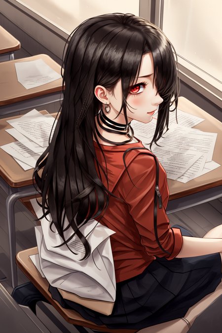 best quality, intricate details, sitting on lap, from behind,

1girl, long hair, black hair, messy hair, red highlights, hair over one eye, red eyes, sharp eyes, 

choker, neon shirt, torn legwear, open jacket, 

classroom, school desks, papers, window, 

<lora:sittingOnLapPov_sittingOnLapPovV1:0.8>