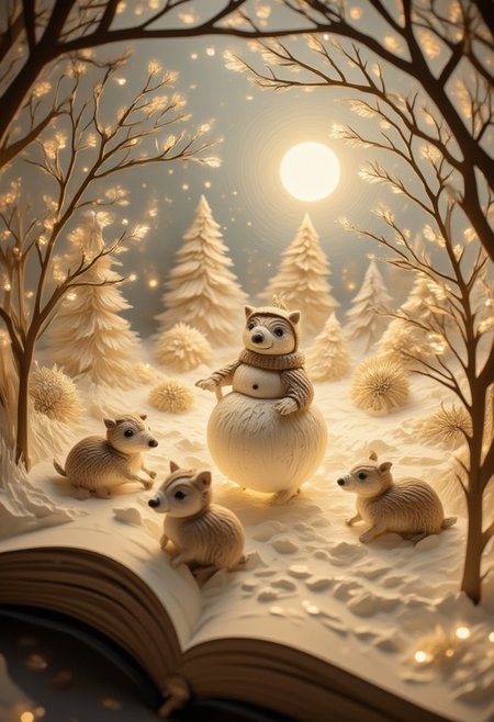This is a photograph of an artistic scene crafted solely from paper, snowman with capybara form. The entire scene is bathed in soft, warm hues of cream and beige, with subtle golden accents along the edges of the book adding a touch of elegance. The ambient lighting casts shadows that give character to the scene. The work, made entirely of paper, features detailed cut-outs that create a striking contrast with the blurred background, drawing the viewer into this enchanting, fairy tale-like landscape.
