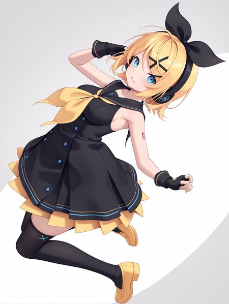 masterpiece,best quality,newest,
1girl,solo,
medium breasts,<lora:s_k_rim_ilxl_v1.0:1>,h_b,hair bow,h_p,headphones,rin,x hair ornament,blonde hair,blue eyes,short hair,r_clothes,sblack sailor collar,yellow neckerchief,sleeveless dress,black short dress,fingerless gloves,black_thighhighs,yellow shoes,
<lora:Fixhands_anime_bdsqlsz_V1:1>,light_blush,cinematic_angle,looking_at_viewer,jumping,full body,parted lips,sweatdrop,white_background,simple_background,:d,dynamic_angle,